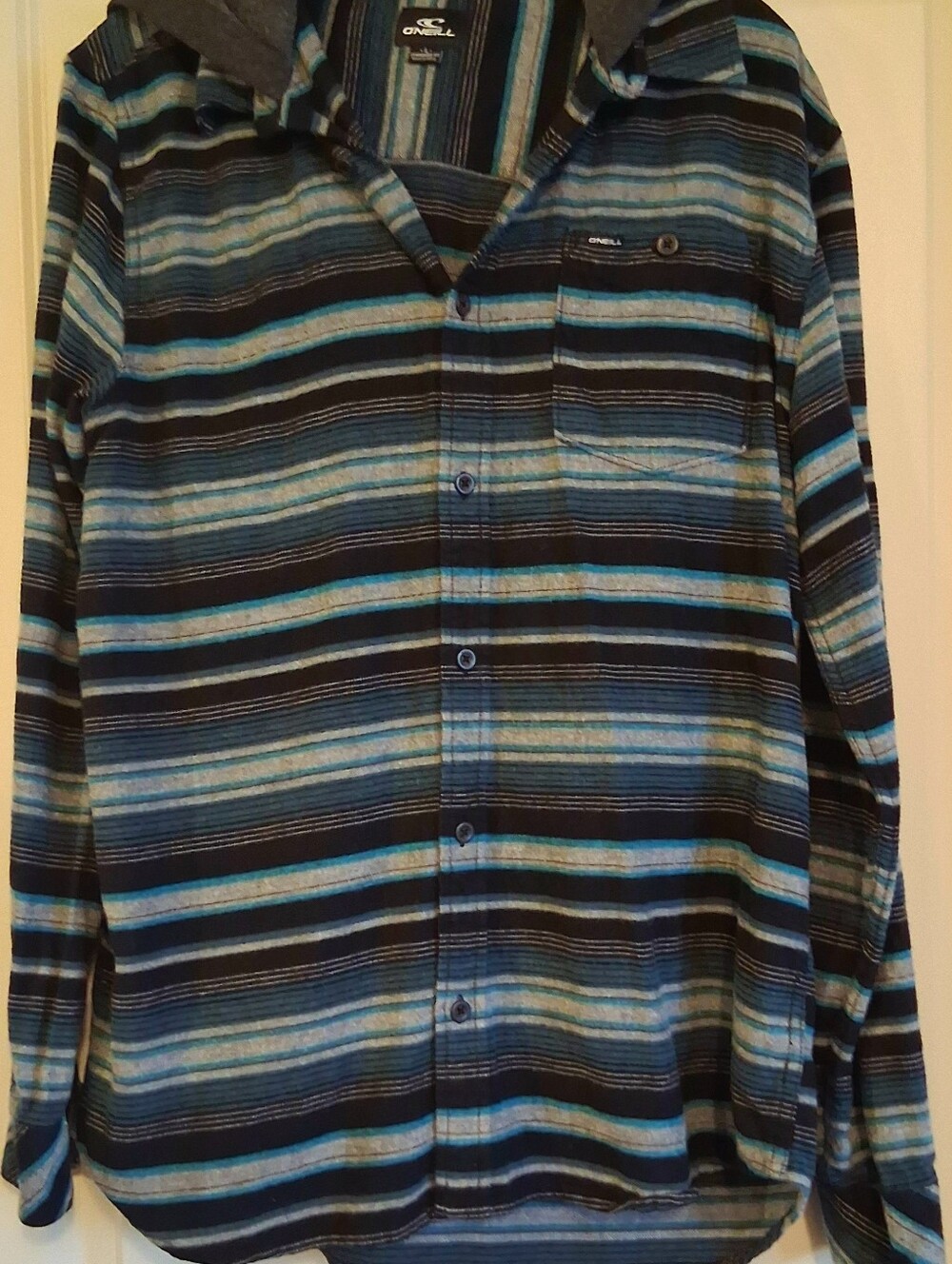 O'Neill Men's Gray/Teal Striped Long Sleeve Button-Up Shirt w/Hood Size L